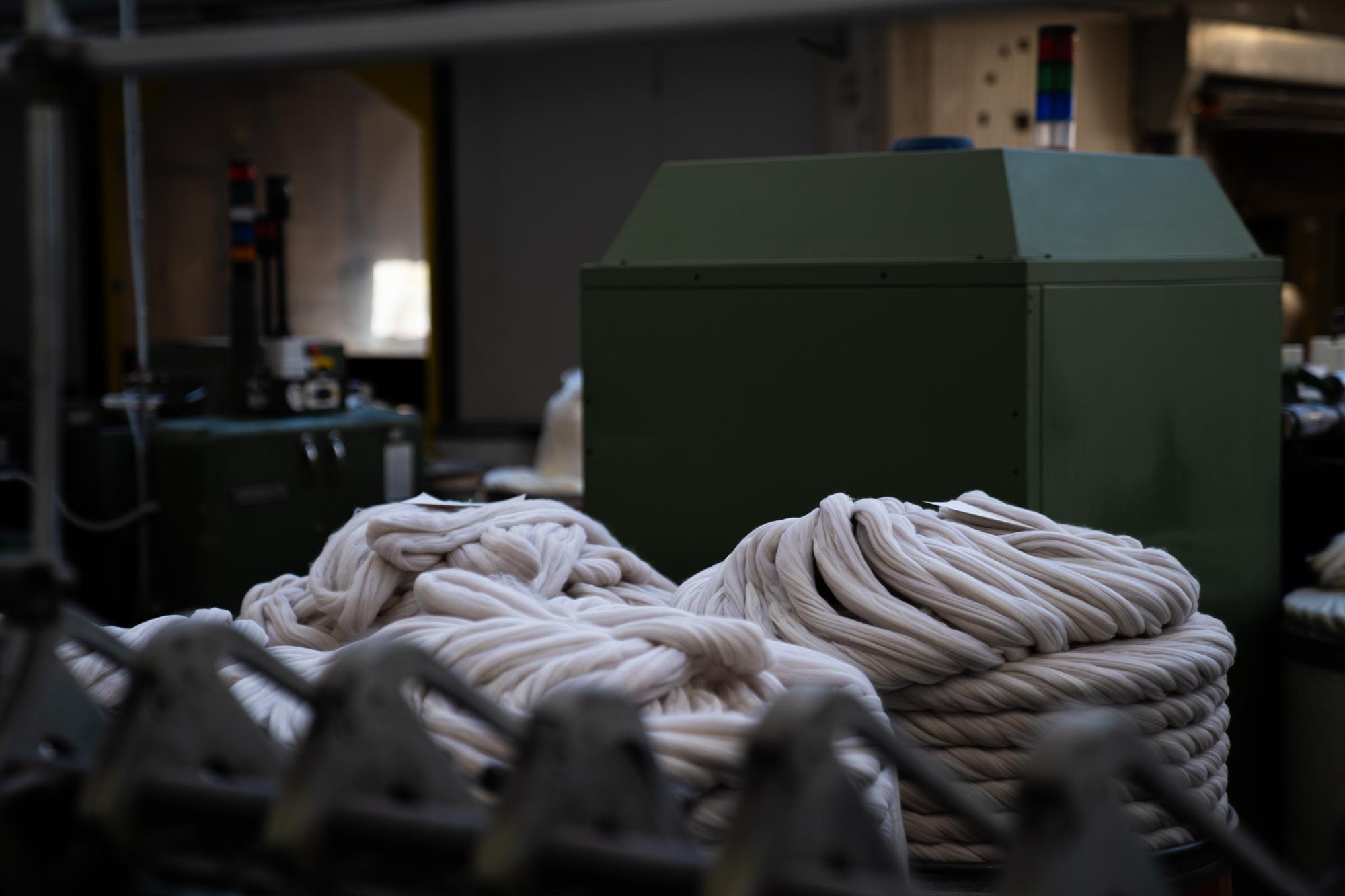 A wide shot of combed Merino wool tops at the ARA spinning facility.