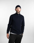 Merino Jacquard Half Zip Navy Front Zipper Closed