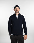 Merino Jacquard Half Zip Navy Front View Zipper Open