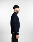 Merino Jacquard Half Zip Navy Side View Zipper Closed
