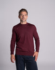 Model wearing Merino Featherweight Sweater Bourdeaux Front View