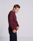 Model wearing Merino Featherweight Sweater Bourdeaux Side View