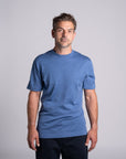 Model wearing Merino Featherweight T-shirt Sky Blue Front View
