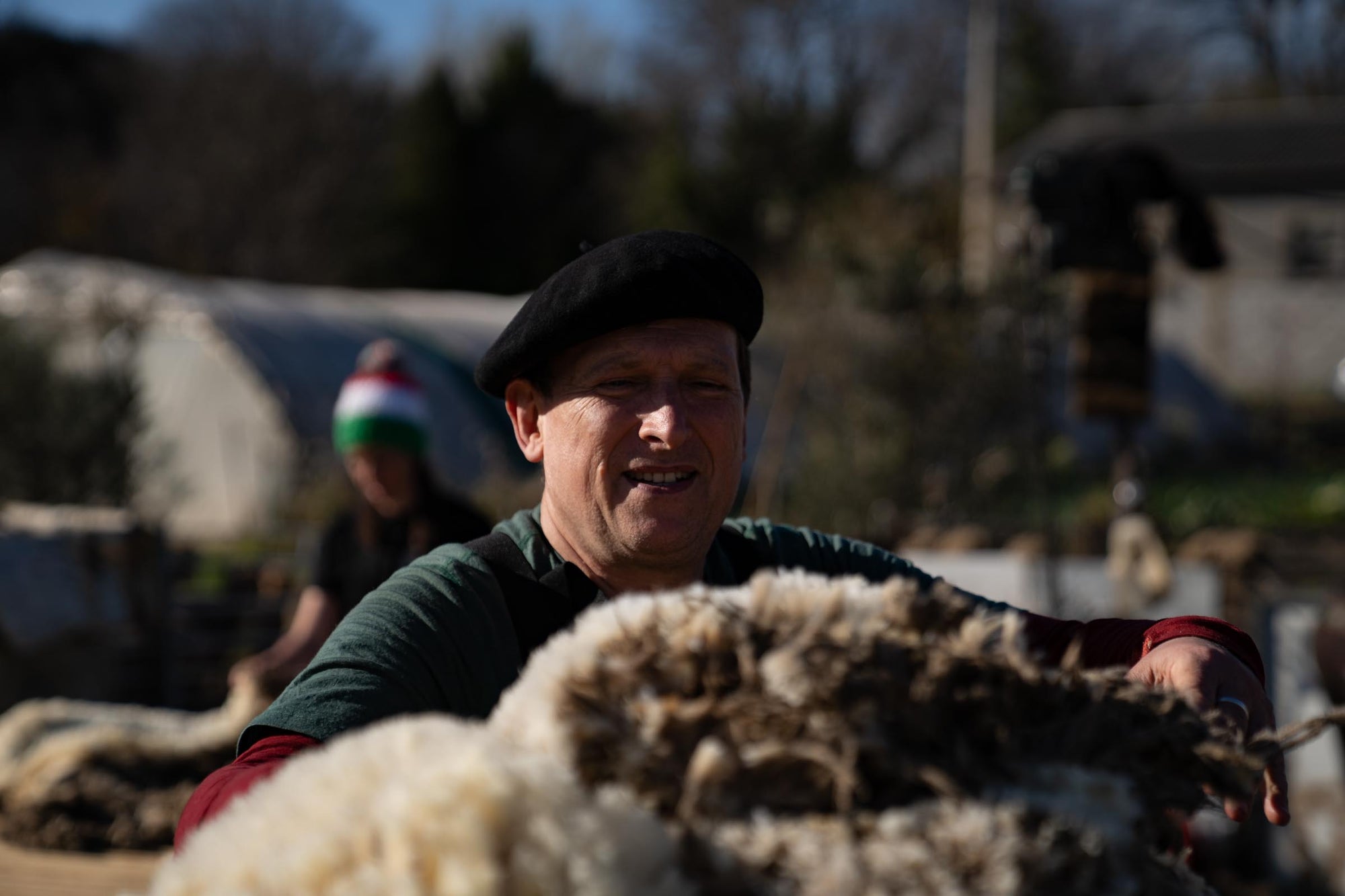 Close-up of a man placing a shorn fleece from a Merino d'Arles sheep into a bale.