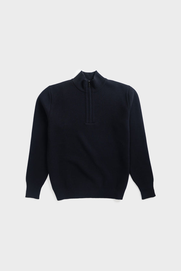 Merino Half Zip in dark Navy flat lay front view