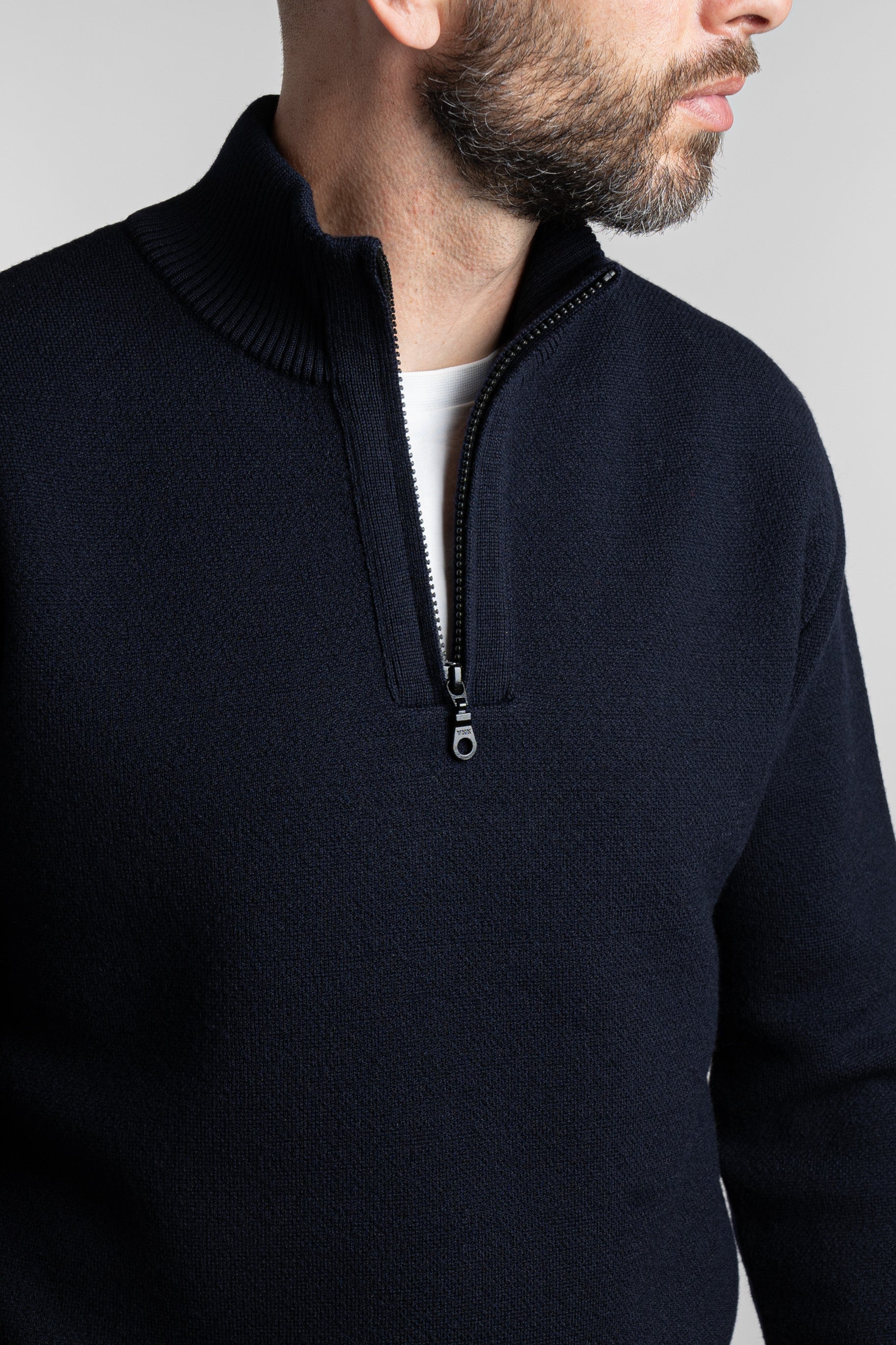Merino Jacquard Half Zip Open Navy Front Close Up