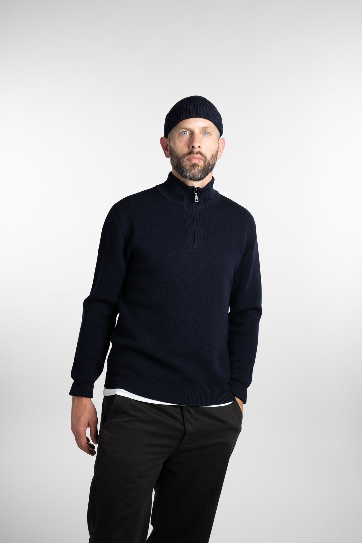Merino Jacquard Half Zip Navy Front Zipper Closed