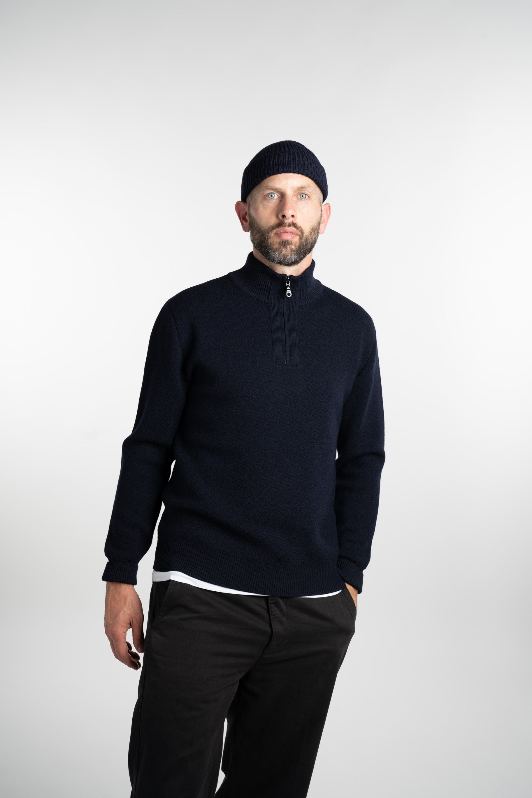 Merino Jacquard Half Zip Navy Front Zipper Closed