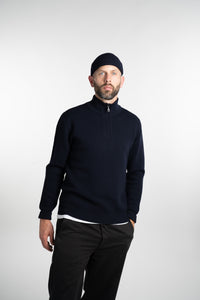 Merino Jacquard Half Zip Navy Front Zipper Closed