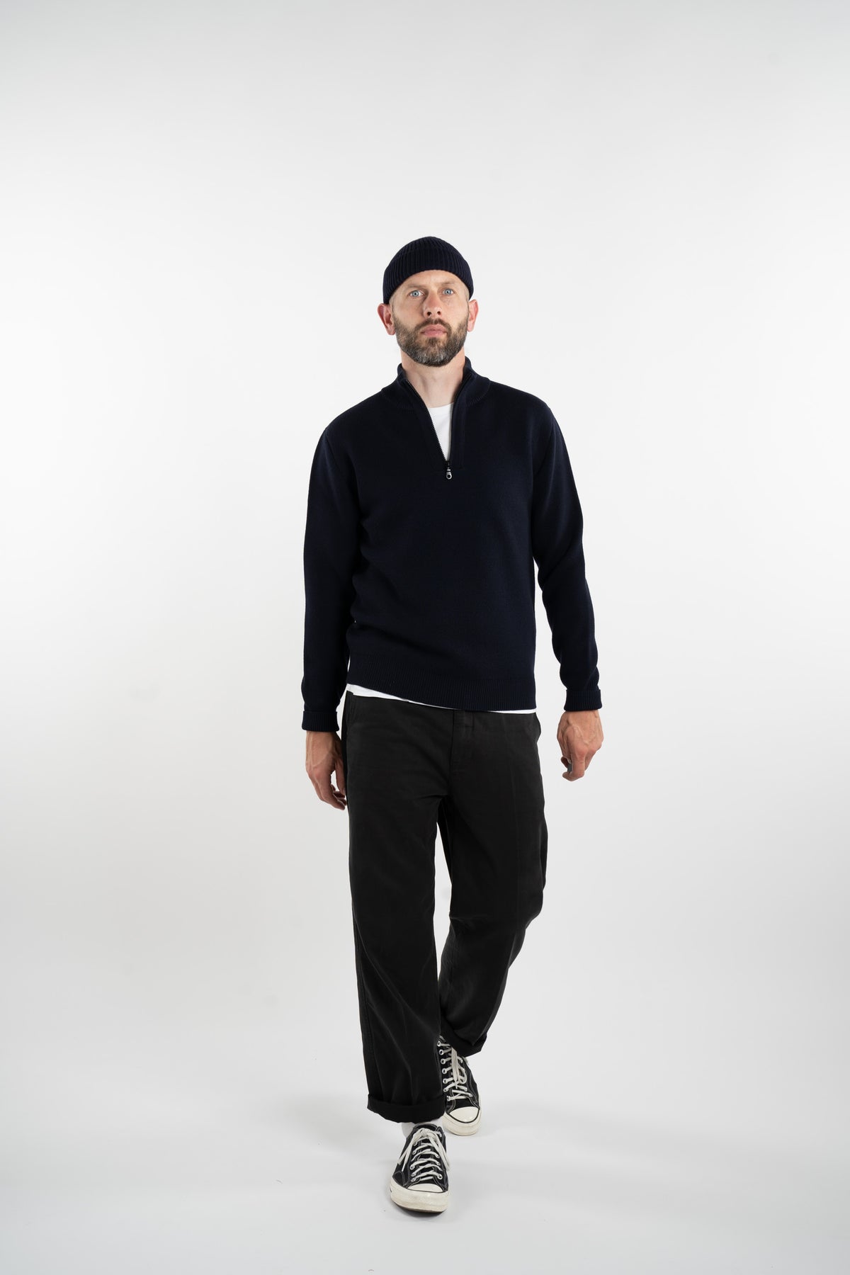 Merino Jacquard Half Zip Navy Front To The Feet Front View