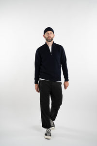 Merino Jacquard Half Zip Navy Front To The Feet Front View