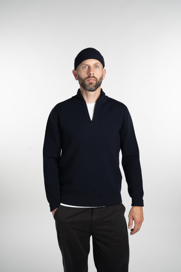 Merino Jacquard Half Zip Navy Front View Zipper Open