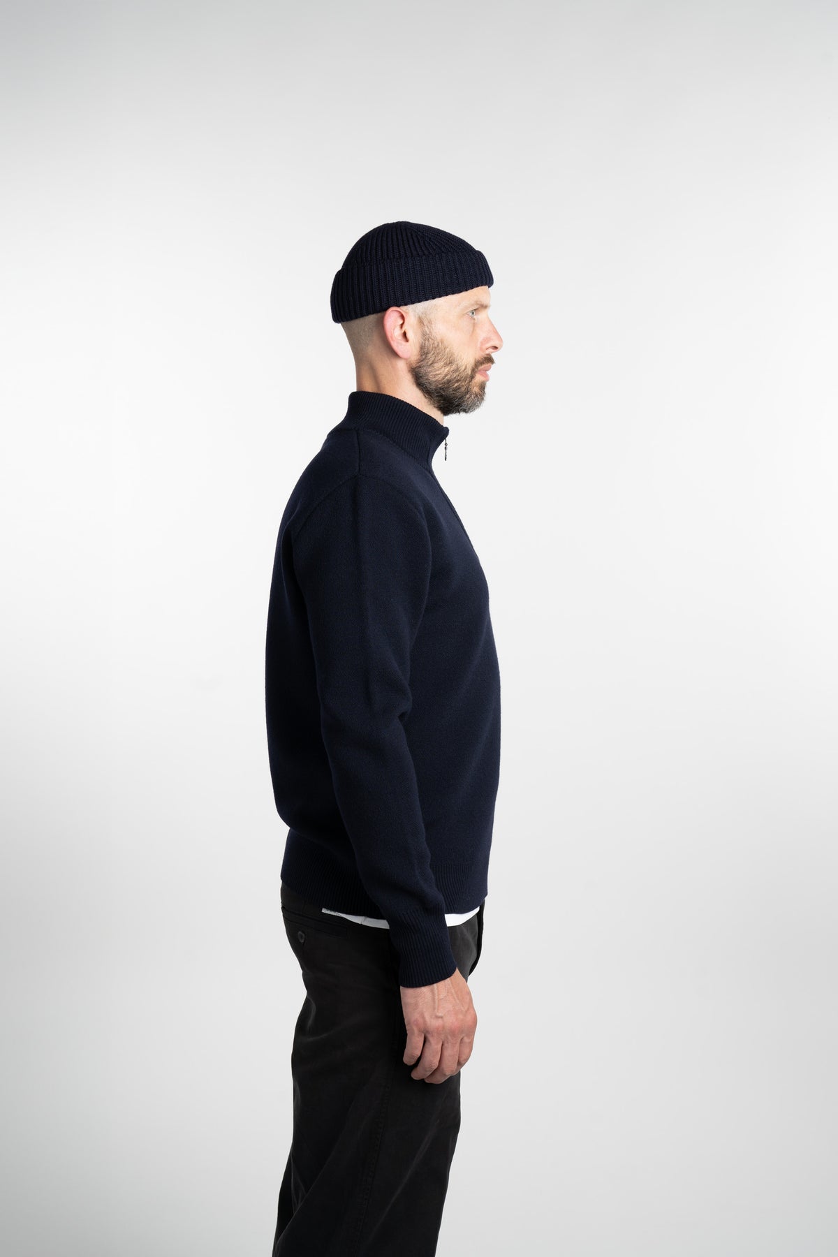Merino Jacquard Half Zip Navy Side View Zipper Closed