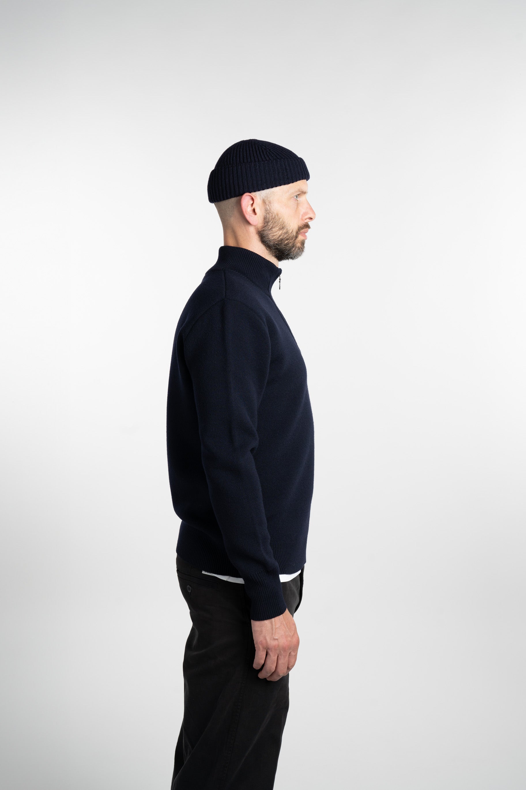 Merino Jacquard Half Zip Navy Side View Zipper Closed
