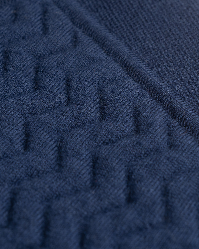 Close up of Merino d'Arles Padded vest fabric in medieval blue front view