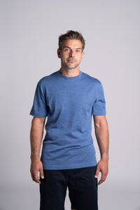 Model wearing Merino Featherweight T-shirt Sky Blue Front View