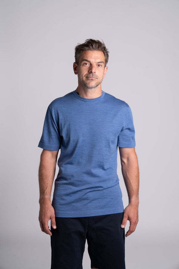 Model wearing Merino Featherweight T-shirt Sky Blue Front View