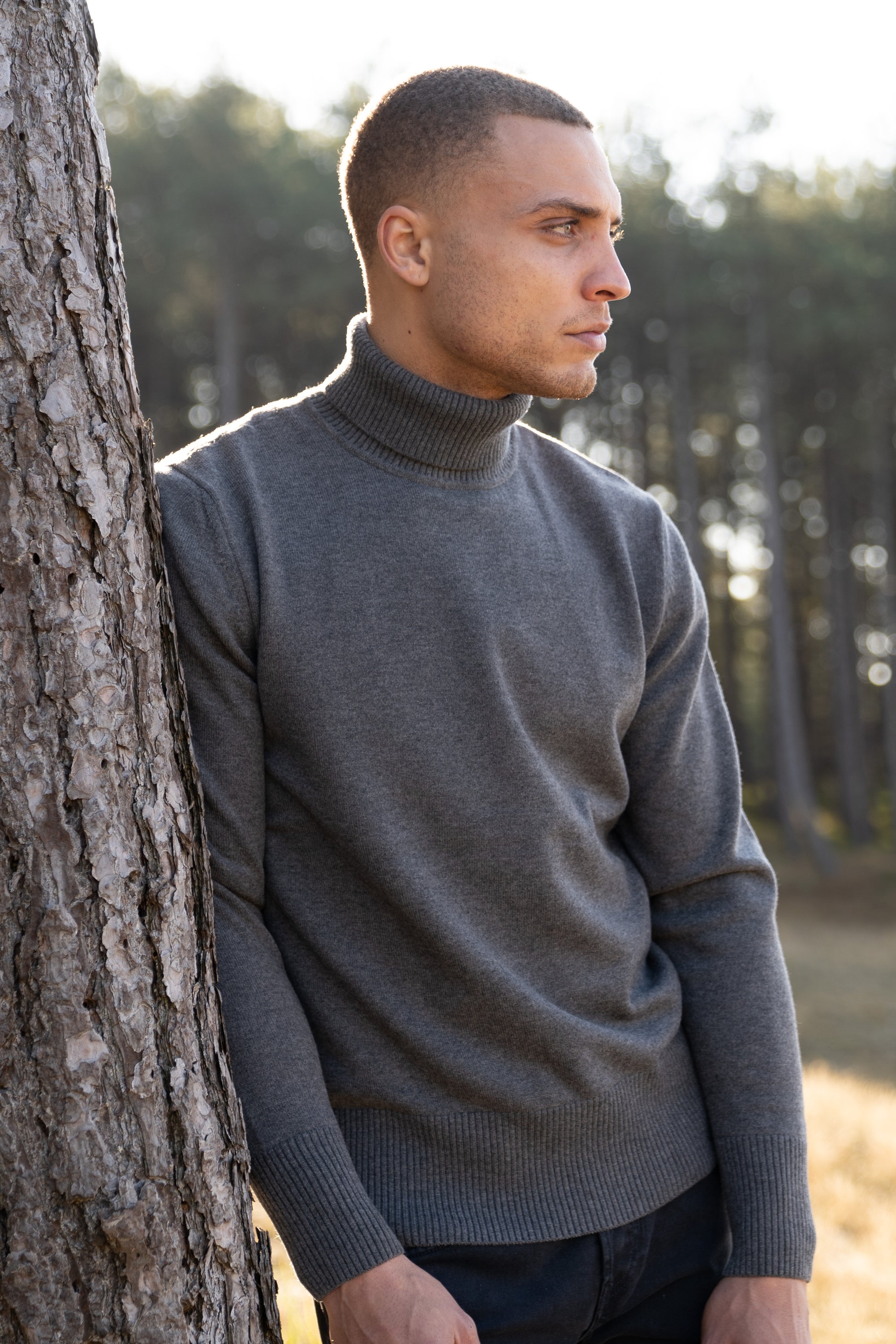 Model Wearing Heavy Merino Roll Neck Grey Forrest