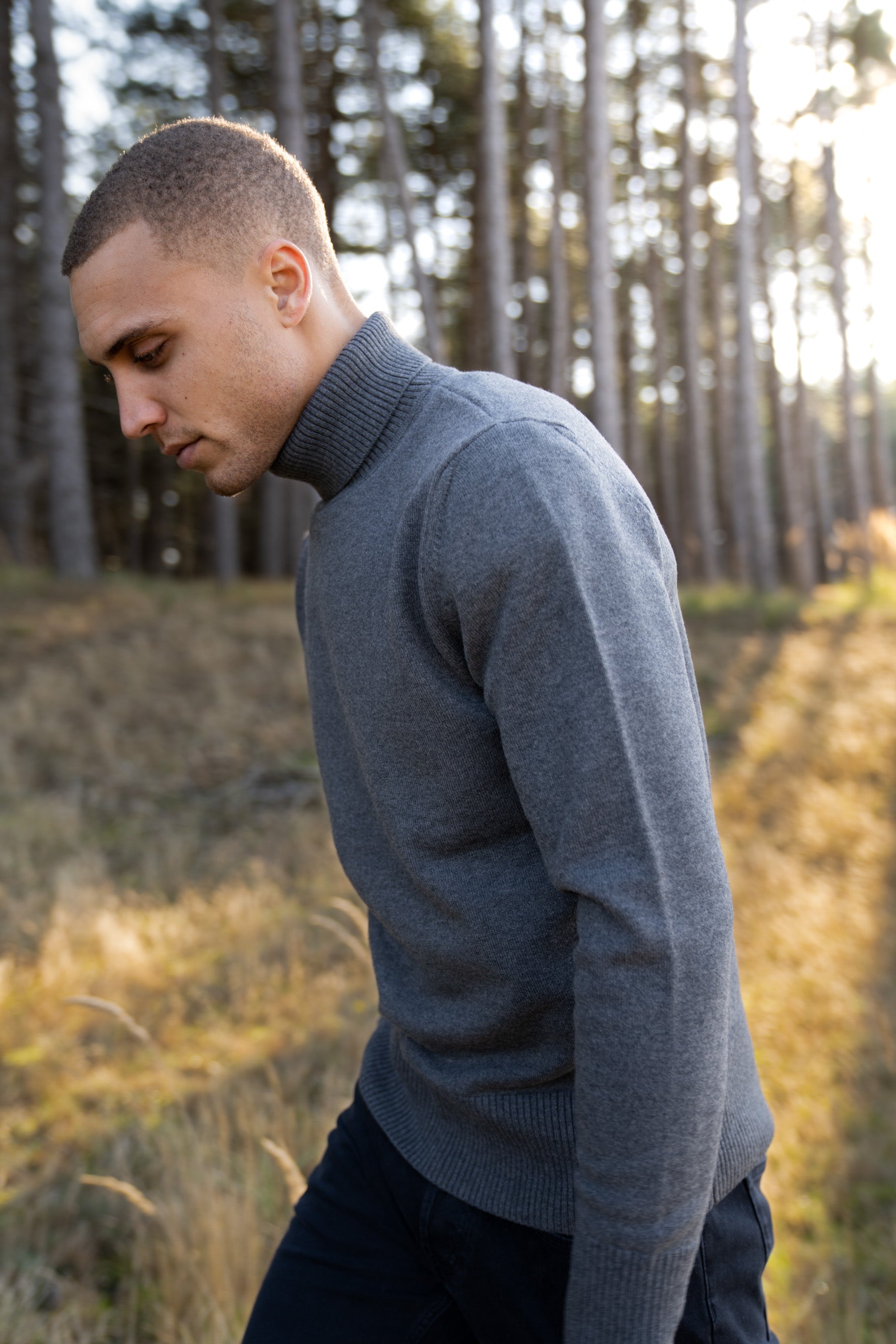 Model Wearing Heavy Merino Roll Neck Grey Forrest