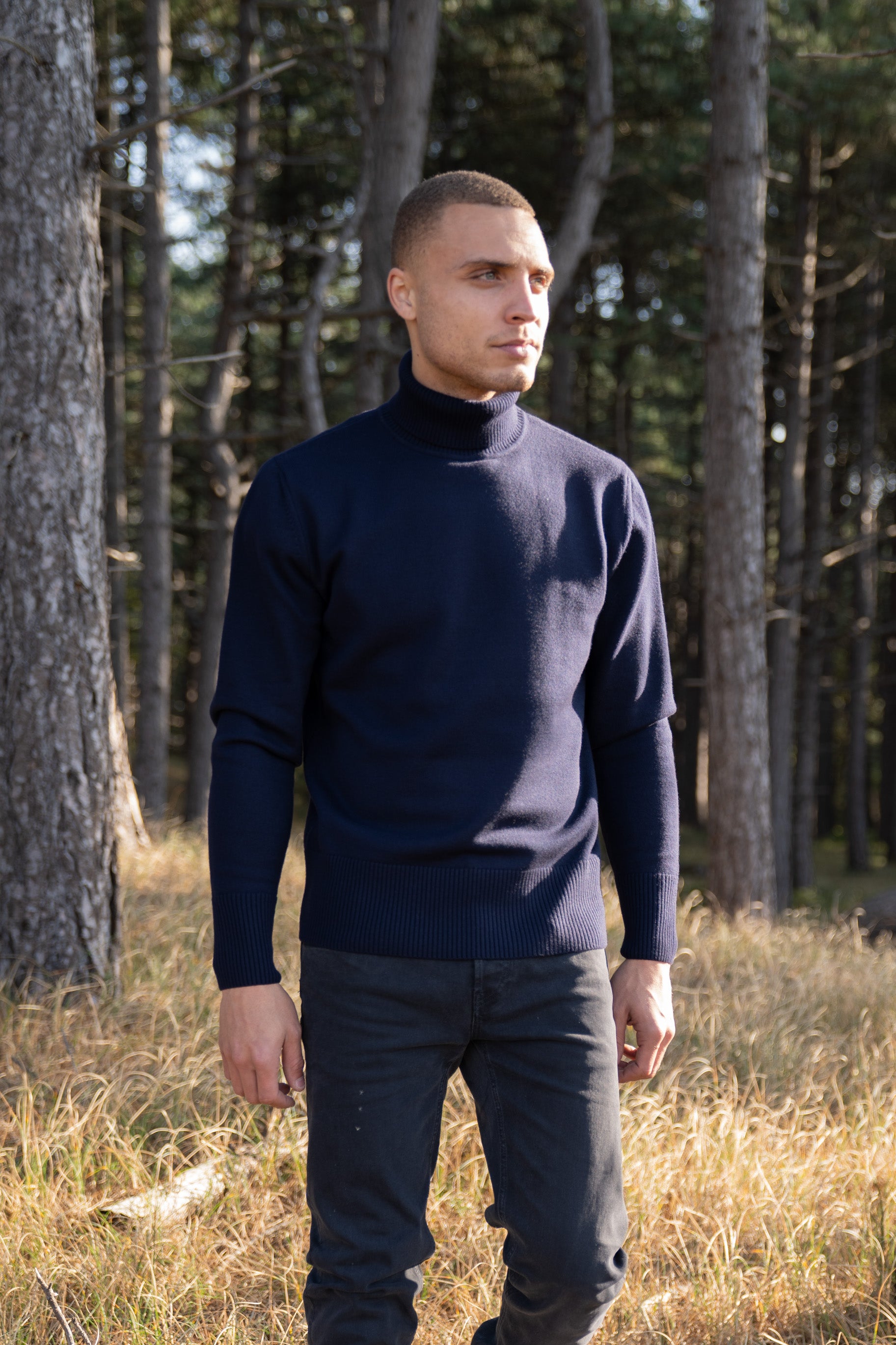 Model Wearing Heavy Merino Roll Neck Navy Forrest