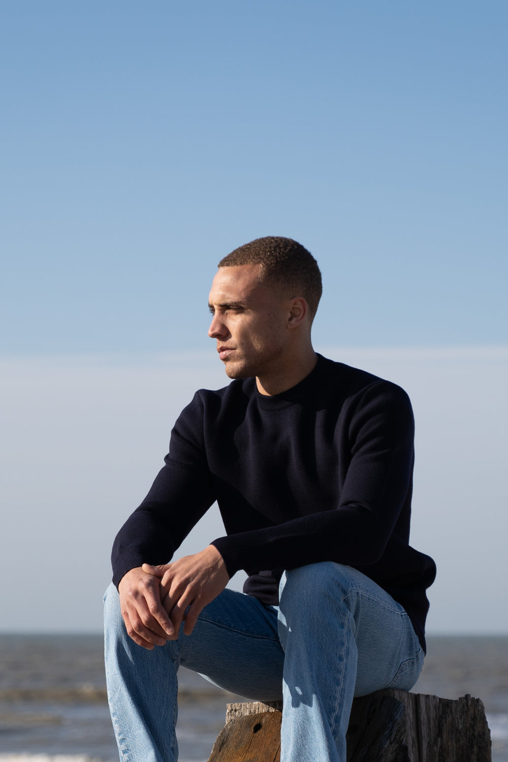 Model Wearing Heavy Merino Sweater Beach 