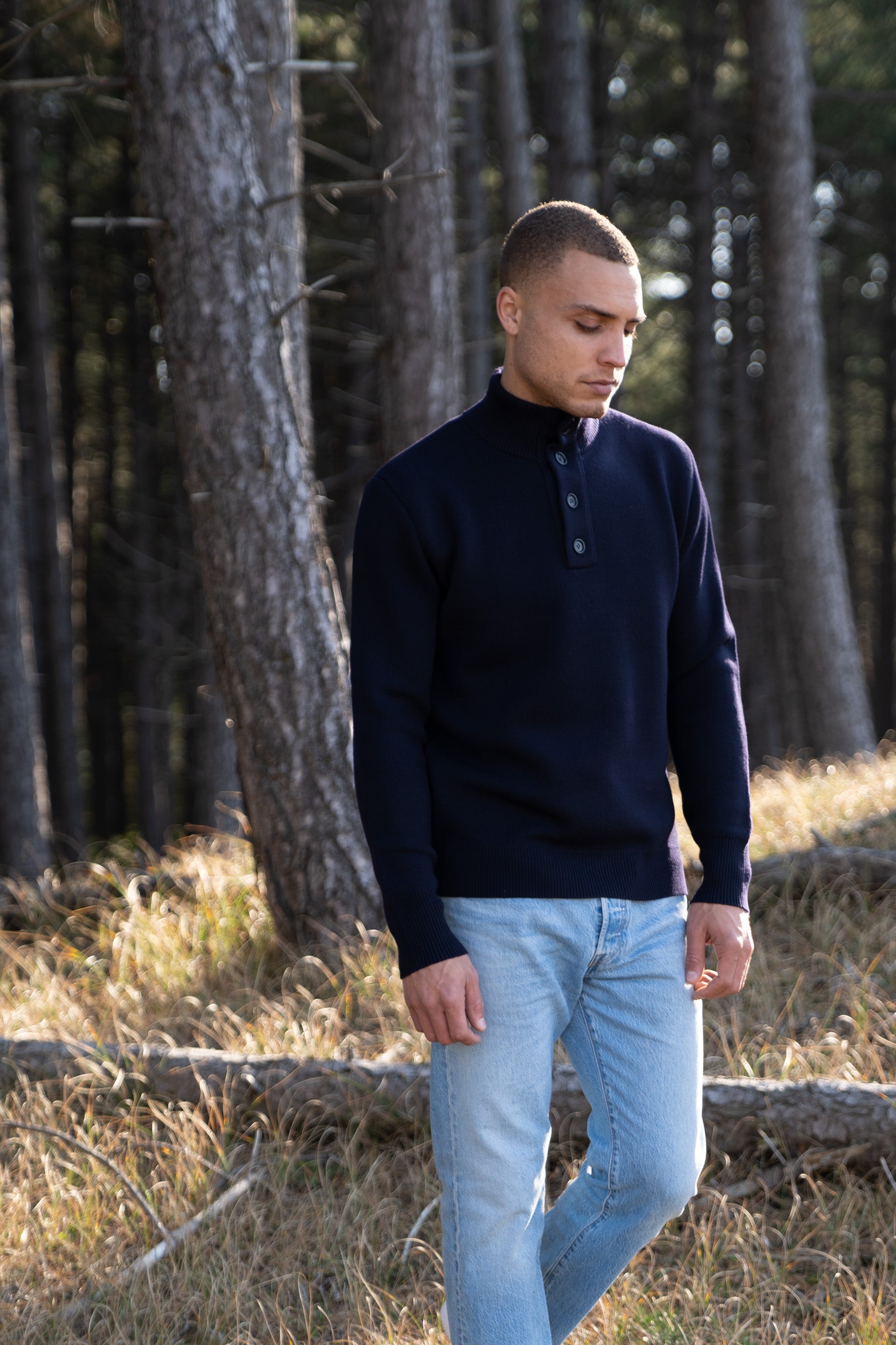 Model Wearing Heavy Merino Sweater Navy Forrest