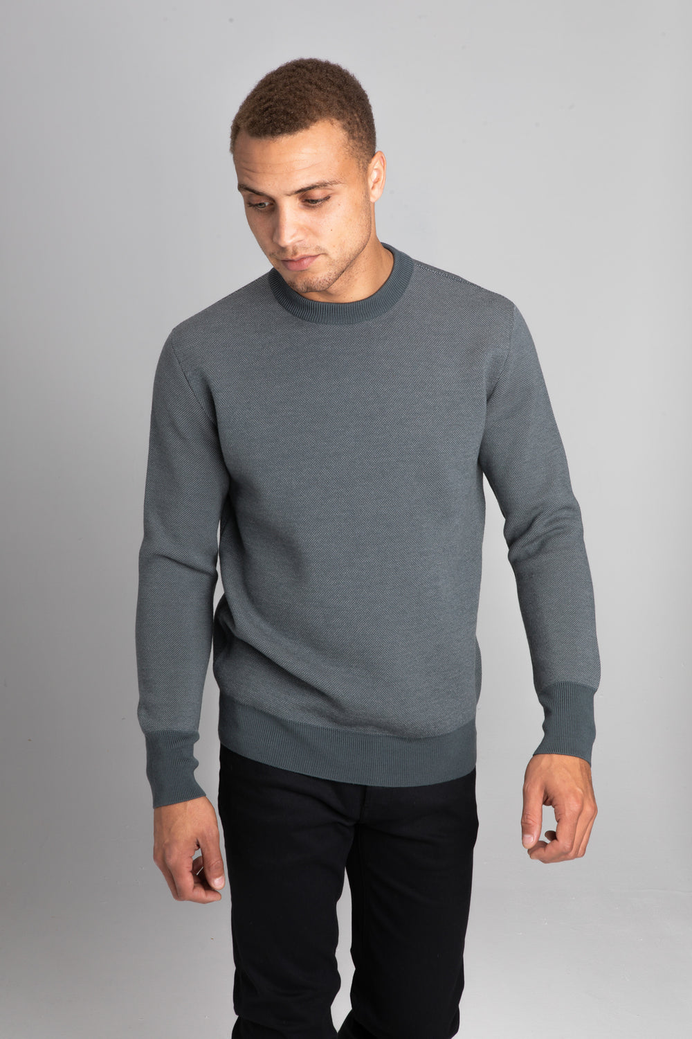 Model Wearing Heavy Merino Sweater Olive Studio