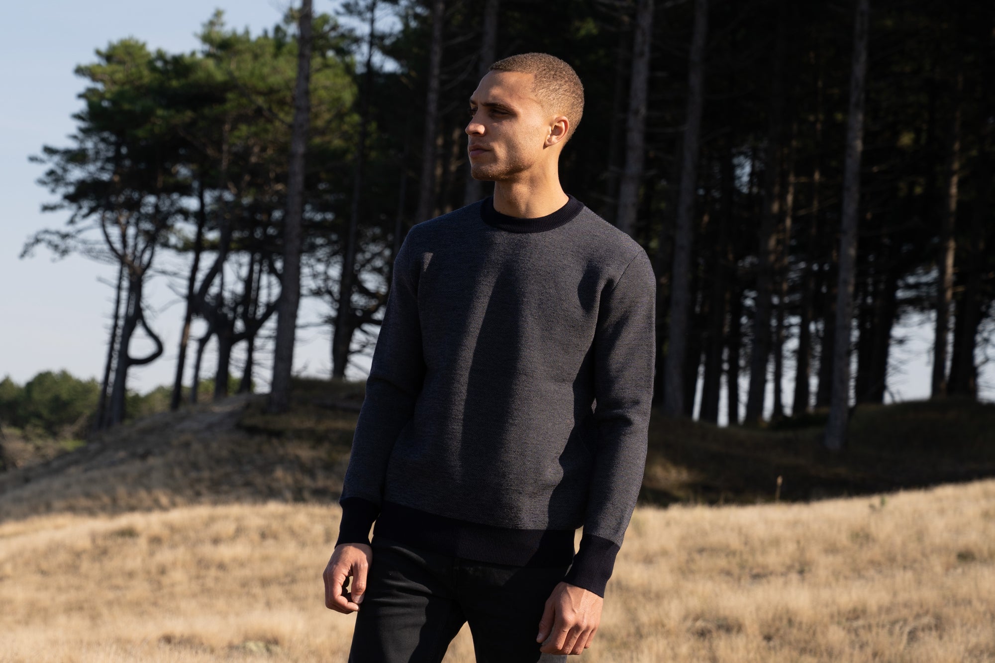 Model Wearing Heavy Merino Sweater Forrest