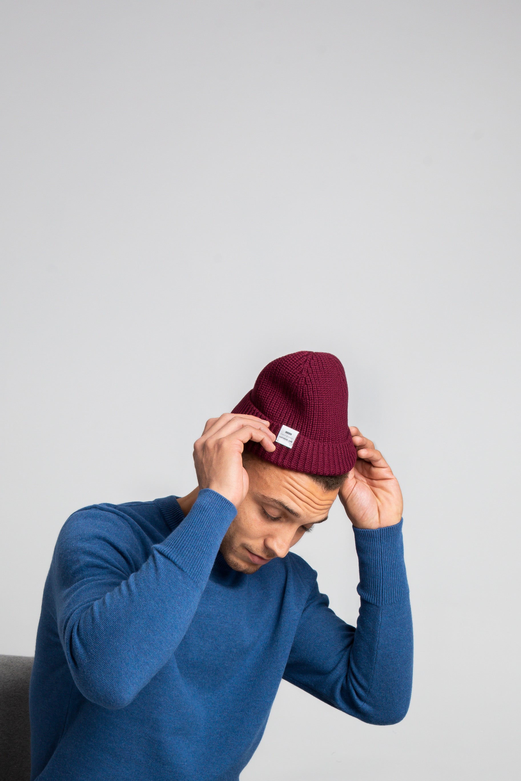 Model Wearing Midweight Merino Sweater SkyBlue Studio