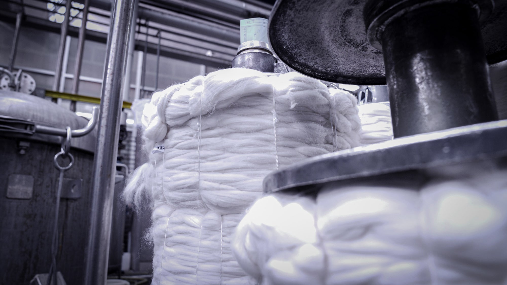 Undyed Merino wool tops at dying facility in Valle Mosso