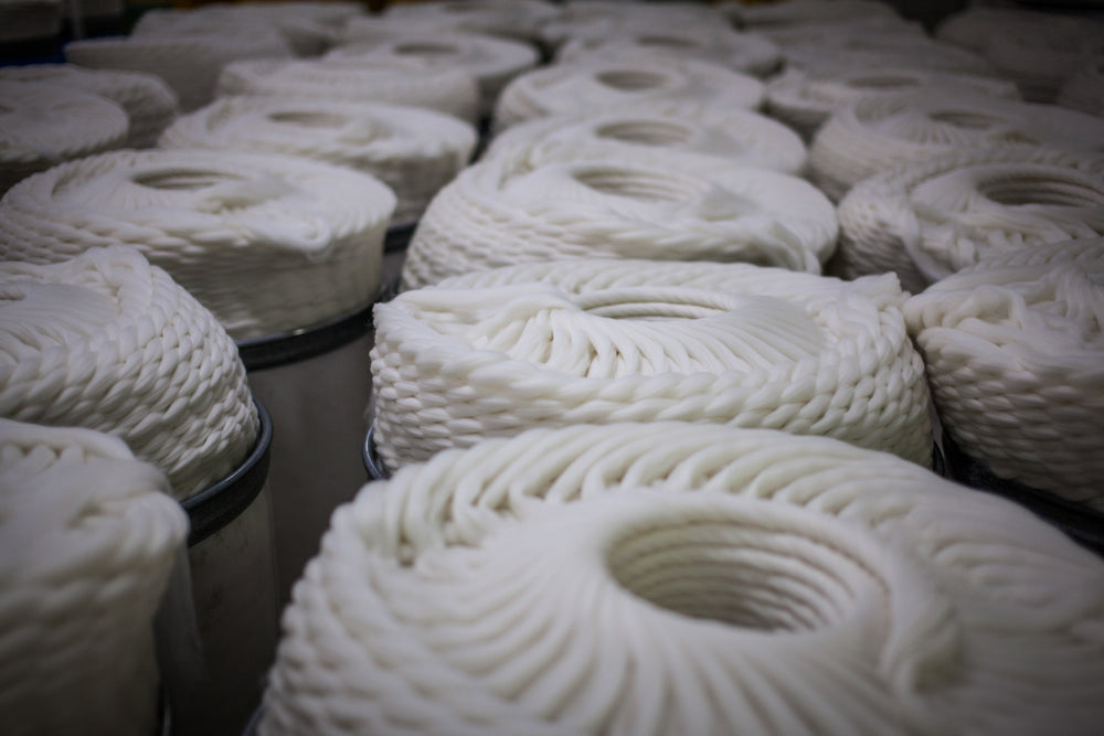 Undyed Merino wool tops at dying facility in Valle Mosso