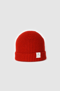 The Merino wool beanie  poppy red, front view Unborn