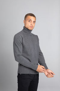 Model Wearing The Merino Wool Roll Neck Grey, front - Unborn