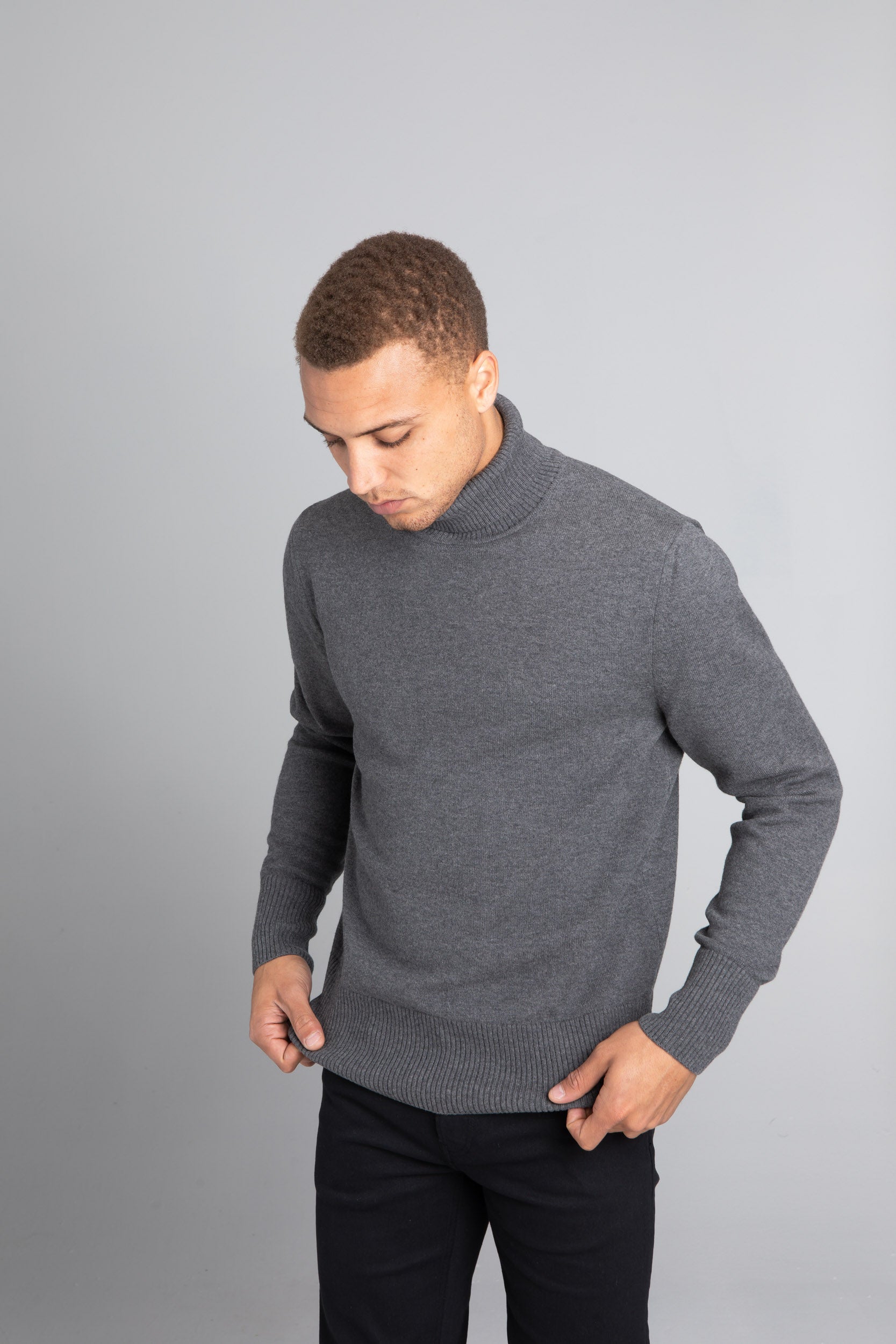 Model Wearing The Merino Wool Roll Neck Grey, front - Unborn