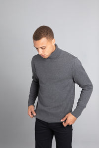 Model Wearing The Merino Wool Roll Neck Grey, front - Unborn