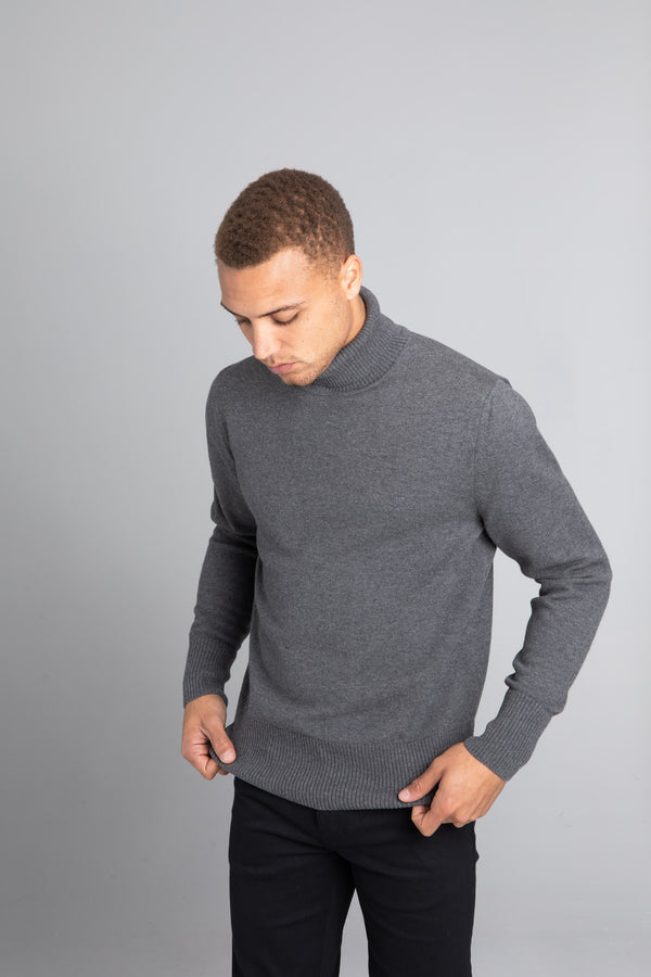 Model Wearing The Merino Wool Roll Neck Grey, front - Unborn