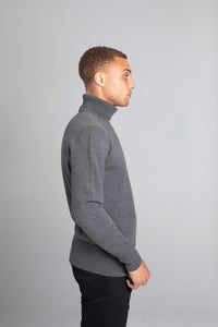 Model Wearing The Merino Wool Roll Neck Grey, right - Unborn